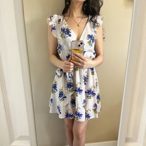 HIGH QUALITY FLOWER V-NECK PRINTED MINI DRESS BLUE WHITE BELTED